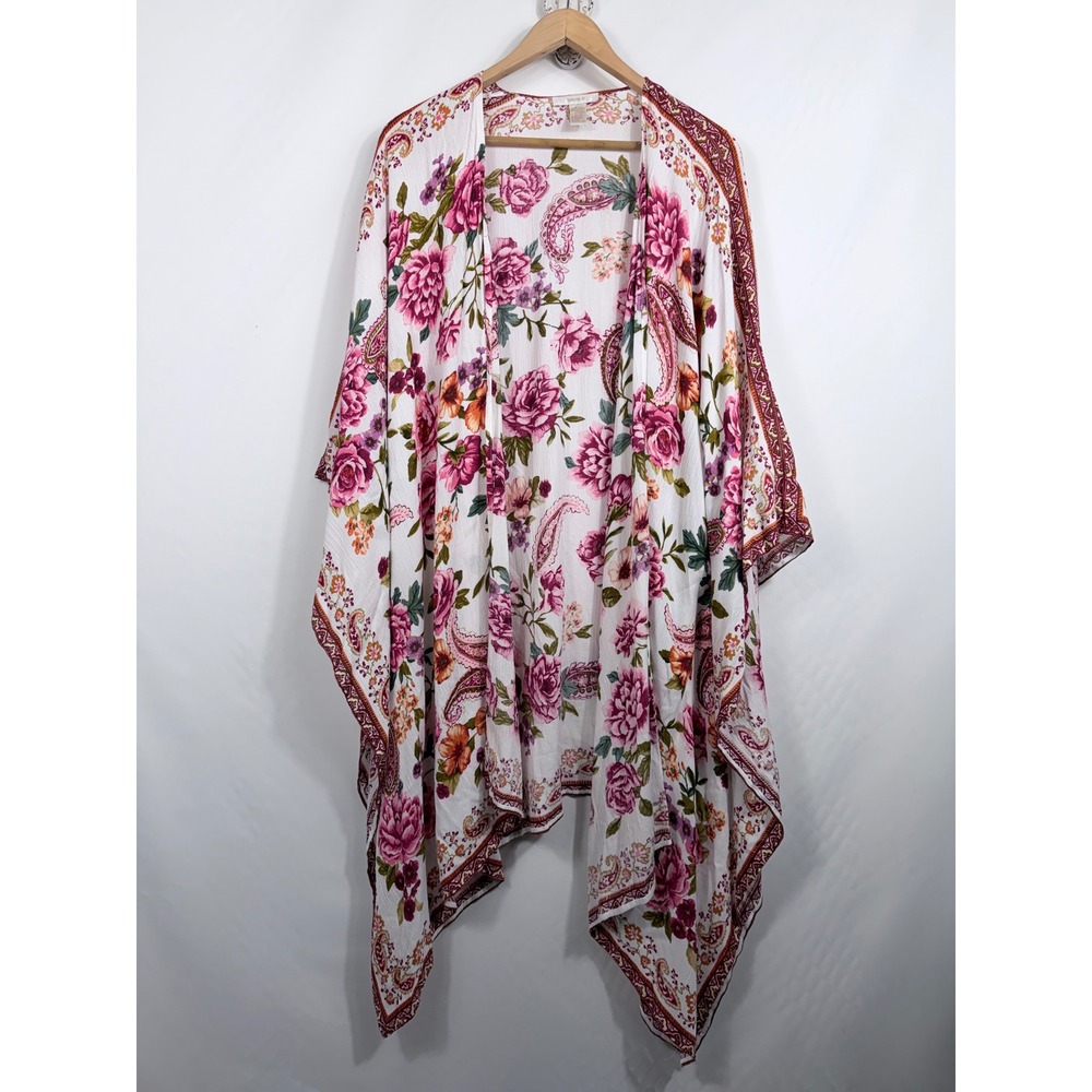 Forever 21‎ Floral Paisley Kimono Wrap White Pink Boho Open Front One Size